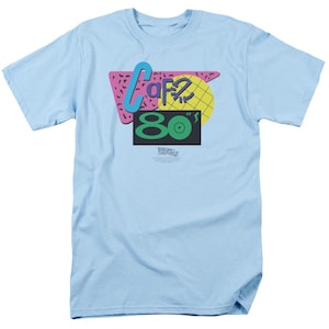 Back to the Future Shirt Cafe 80s – Officially Licensed Light Blue Trilogy T-Shirt – Retro 80s Movie Tee Gift