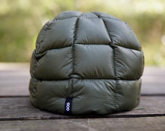 Gorro de plumas de ganso – Verde oliva, gorro de invierno ultraligero y plegable para senderismo y aventuras al aire libre.