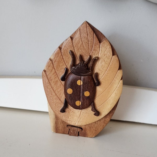 Wood Puzzle Box, Ladybug Beetle on Leaf