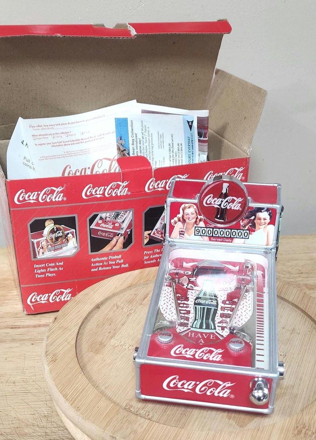 Coca Cola Pinball Machine Musical Bank, Works , Pristine, Paperwork ...