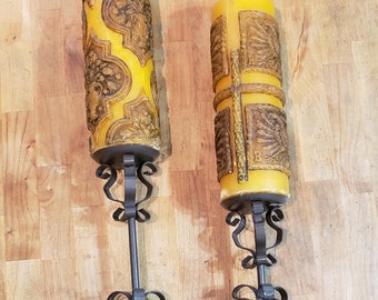 Creepy Gothic Large Pillar Antique Candles with wrought Iron Stands