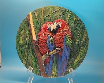 Decorative Round Wall Hanging, Resin, Raised Art, Macaws, Bird Lovers