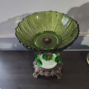 Footed Compote featuring Glass Glass with hanging prisms, Marble & Brass