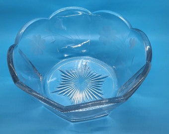 Etched Glass Bowl, Octagon Shaped, Scallop Edges, Vintage