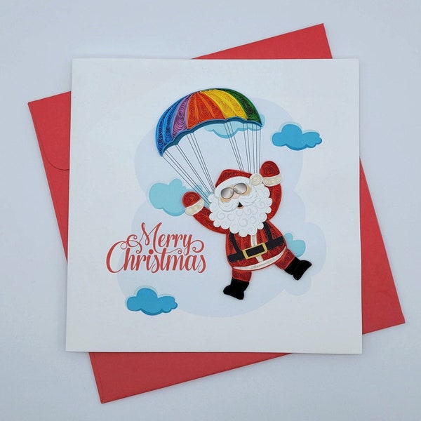 Quilling Weihnachtskarte Weihnachtsmann mit Fallschirm - Frohe Weihnachten - Papierkunst