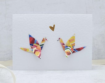 Liefdeskaart met origami kraanvogels - Unieke trouwkaart - Wenskaart voor Valentijnsdag, verjaardag, jubileum of verloving
