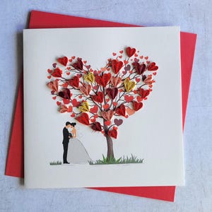 Quilling Hochzeitskarte mit Herzbaum - Handgemachte 3D Karte zur Hochzeit - Romantische Glückwunschkarte mit Brautpaar