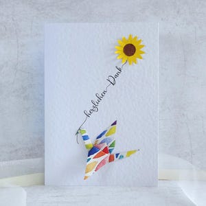 Carte de remerciement en origami avec grue et tournesol - Merci beaucoup - Carte A6 faite main - Carte de remerciement en origami - Motif tournesol