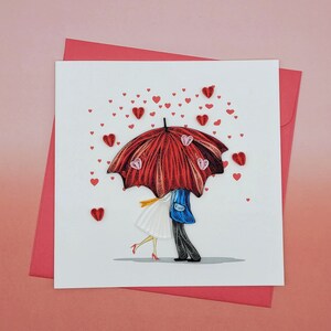 Quilling Grußkarte Liebespaar mit Regenschirm – Romantische Karte - Herzregen - Hochzeitskarte, Jubiläumskarte, Valentinstag