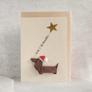 Origami Christmas card Dachshund dog with heart balloon - Handmade 3D Christmas card Dachshund - Origami dog with Santa hat