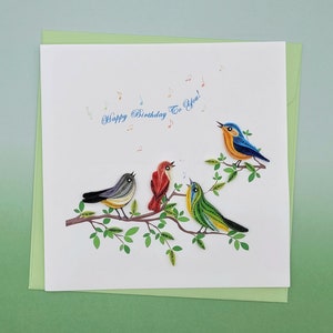 Quilling Geburtstagskarte 4 Vögelchen auf Ast - Happy birthday card - Geschenk für Vogelliebhaber, Naturliebhaber