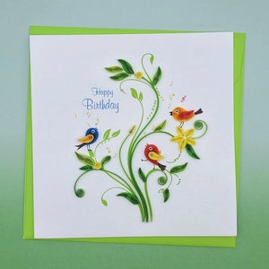 Carte d'anniversaire 3 petits oiseaux - Carte joyeux anniversaire - Paper art - Carte quilling pour les amoureux des oiseaux, amoureux de la nature