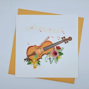 Tarjeta de felicitación en quilling con violín y flores: tarjeta de felicitación hecha a mano para músicos, violinistas, amantes de la música, conciertos, cumpleaños, profesores de música...