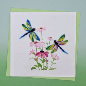 Quilling carte de vœux libellules avec fleurs - carte faite à la main - cadeau pour les amoureux de la nature, les amoureux des libellules