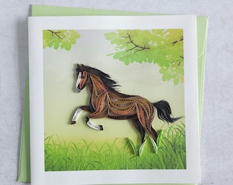 Cartão de felicitações com quilling e cavalo - Cartão de felicitações feito à mão com motivo de cavalo 3D - Arte em papel para amantes de cavalos e cavaleiros