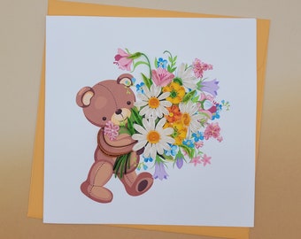 Quilling carte de vœux ours en peluche avec bouquet de fleurs - carte d'anniversaire - carte de fête des mères - art du papier - cadeau pour les amateurs d'ours en peluche