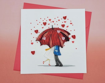 Quilling carte d'amour couple avec parapluie - carte mariage, carte anniversaire, Saint Valentin