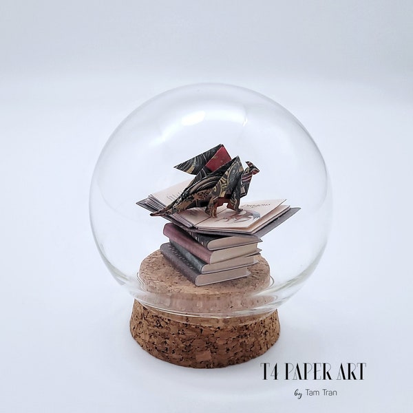 Glass ball miniature books Magical creatures - Origami dragon - paper sculptures - unique gift for book lovers