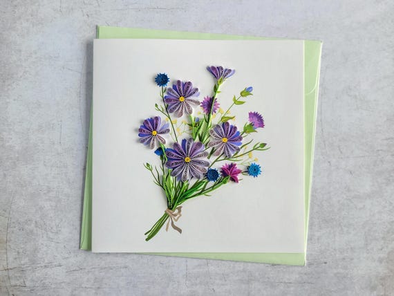 Quilling Grußkarte Wildblumenstrauß - 3D Papierkunst für Geburtstag, Muttertag, Danke - Geschenk für Naturliebhaber