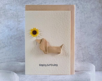 Origami Grußkarte Dackel mit Blume - Handgemachte Geburtstagskarte Dachshund - Muttertagskarte, Alles Liebe für Hundeliebhaber, Hundemama
