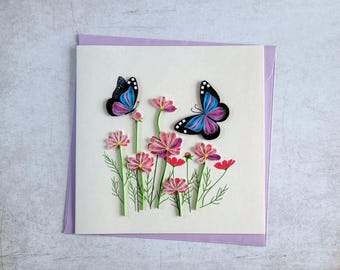 Quilling greeting card with butterfly and flowers - unique birthday card. Mother's Day card...