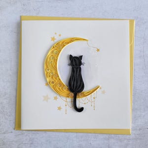 Quilling Greeting Card Cat on the Moon - Handmade 3D Greeting Card with Cat Motif - Paper Art - Gift for Cat Lovers