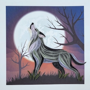 Quilling Grußkarte Mond Wolf - Papierkunst - Geschenk für Wolf Liebhaber