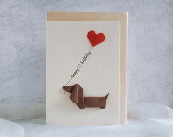 Origami greeting card Dachshund with heart balloon - Unique birthday card for dog lovers - All the best 3D card Dachshund