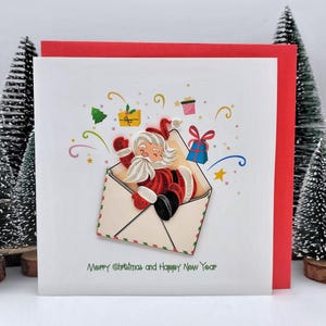 Quilling Weihnachtskarte Weihnachtsmann springt aus dem Briefumschlag - Einzigartige Weihnachtskarte - Frohe Weihnachten - Papierkunst