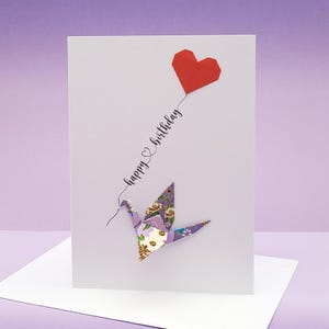 Carte d'anniversaire origami avec grue et ballon - Carte d'anniversaire unique - Art du papier