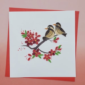 Quilling Grußkarte 2 Vögel und rote Blumen- Papierkunst