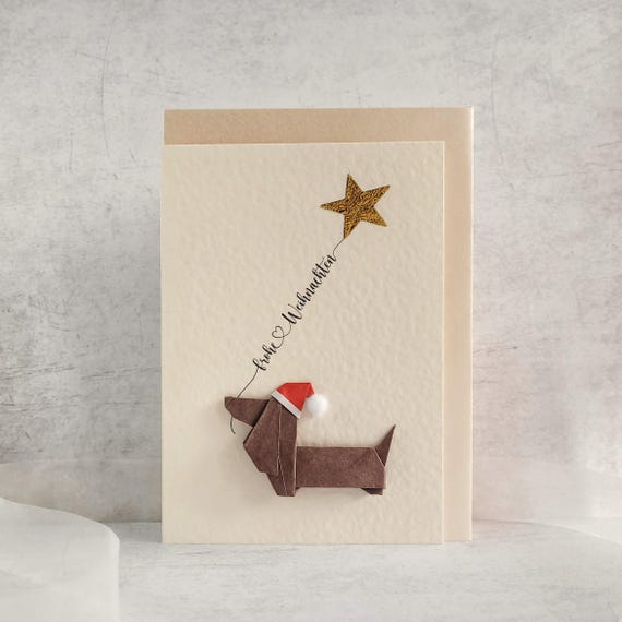 Origami Weihnachtskarte Dackel Hund mit Herzluftballon - Handgemachte 3D Weihnachtskarte Dachshund - Origami Hund mit Weihnachtsmütze