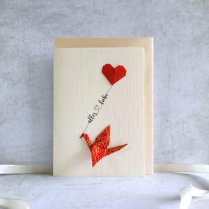 Origami Kranich mit Herzluftballon Alles Liebe - Einzigartige Geburtstagskarte - Muttertagskarte - Papierkunst
