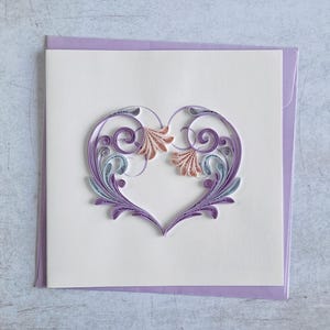 Quilling Grußkarte Blumenherz Lila - Romantische Papierkunst für Hochzeit, Valentinstag, Geburtstag, Muttertag