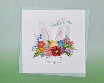 Biglietto d'auguri quilling Coniglietto di Pasqua con fiori