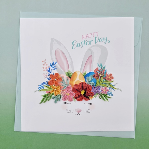 Quilling greeting card Easter bunny with flowers