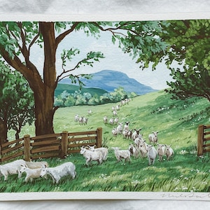 ORIGINAL painting Coming Home gouache, sheep, baby sheep, farm animals, wall decor, farmhouse, gouache illustration, collectible, farm life