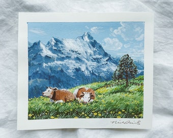 Snoozing in the Flowers PRINT, gouache art, gouache landscape, Switzerland, cow art, cute cows, wildflowers, shelf art, cow bells
