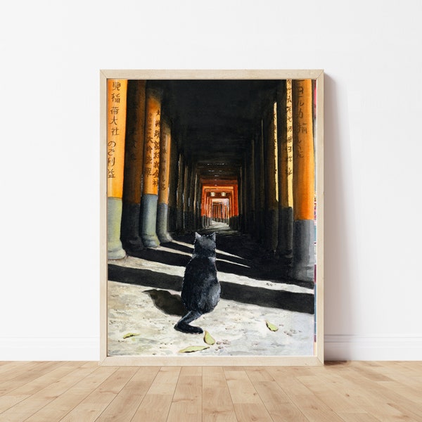 Fushimi Inari Shrine print, watercolor travel art, Kyoto japan landscape illustration, Japanese wall decor, Torii gates Kyoto art