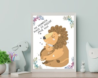 May include: A white framed print with a brown lion and a smaller brown lion cub hugging. The text on the print reads "My favorite place is inside your hug".