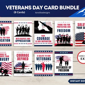Pacote de cartões de felicitações para o Dia dos Veteranos para impressão – 9 designs patrióticos – Download instantâneo