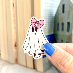 Cute Ghost Sticker with Pink Bow | Kawaii Spooky Vinyl Decal for E-Readers, Laptops, Jouranls & Water Bottles