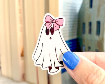 Naklejka Kawaii Ghost | Różowa kokardka, wodoodporna naklejka winylowa