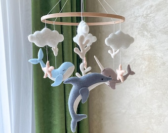 Whale Baby Mobile Nursery, Narwhal Dolphin Ocean Crib Mobile