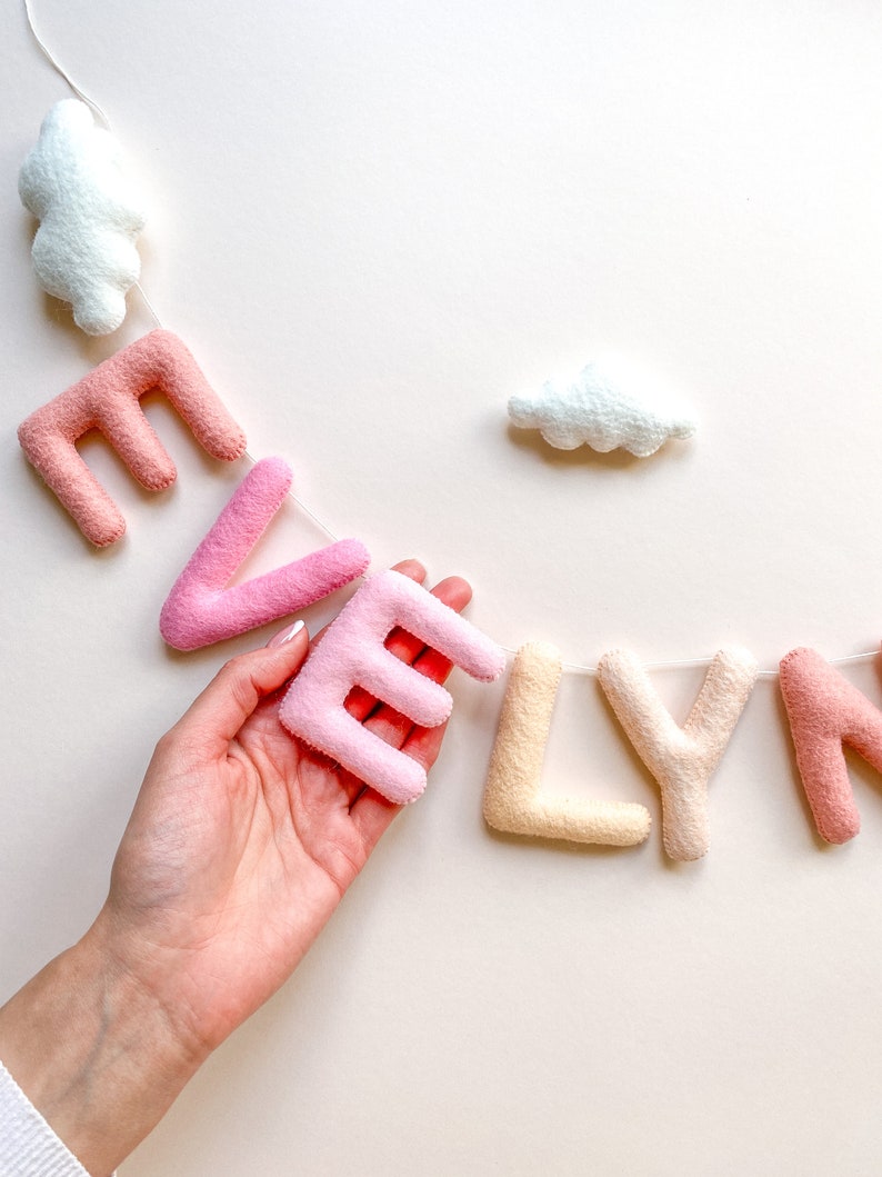 Felt Cloud Name Banner Garland Nursery Decor, Personalized Boho Baby Name Bunting image 2