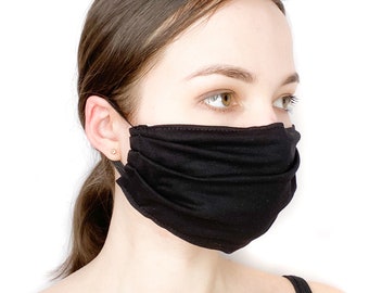 Pack of 2 Black Face Mask, 2-Layer Organic Cotton, Washable Reusable, Filter Pocket, Handmade in Canada