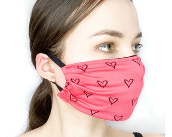 Pack of 2 Coral Heart Face Mask, Super Soft Organic Cotton, Washable Reusable, Filter Pocket, Handmade in Canada