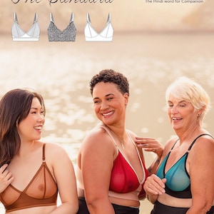 May include: Three bralettes in brown, red, and teal mesh fabric with adjustable straps and a wide underband. The image includes technical sketches of the bralette design and text reading The Sahaara, sahaara, /sə-HAA-rah/, The Hindi word for Companion.