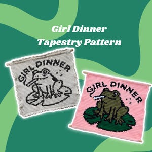 May include: Two tapestry wall hangings with the text "Girl Dinner" and a cartoon frog. One tapestry is beige with a black frog and the other is pink with a green frog.
