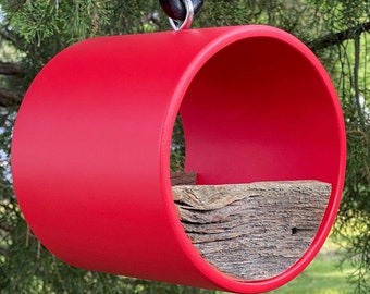 Modern Bird Feeder ~ Large Round Tube Birdfeeder in Red w/ Reclaimed Vintage Barnwood ~ MCM ~ Minimalist ~ Unique, Handmade ~ Hanging